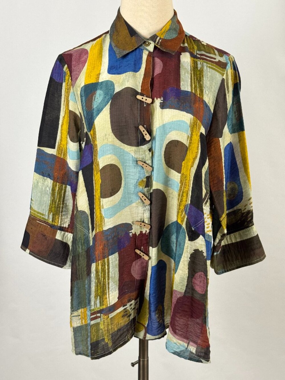 Ali Miles Abstract Geometric Button Down Tunic Top Artsy Art to Wear Earth Tones - Picture 2 of 10